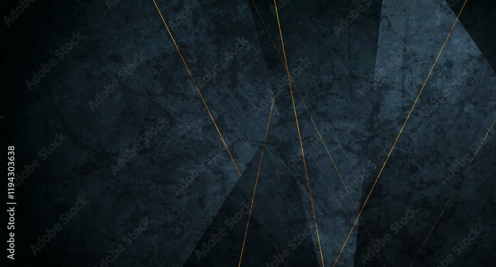 Poster dark blue grunge low poly abstract background with golden lines. retro geometric vector design