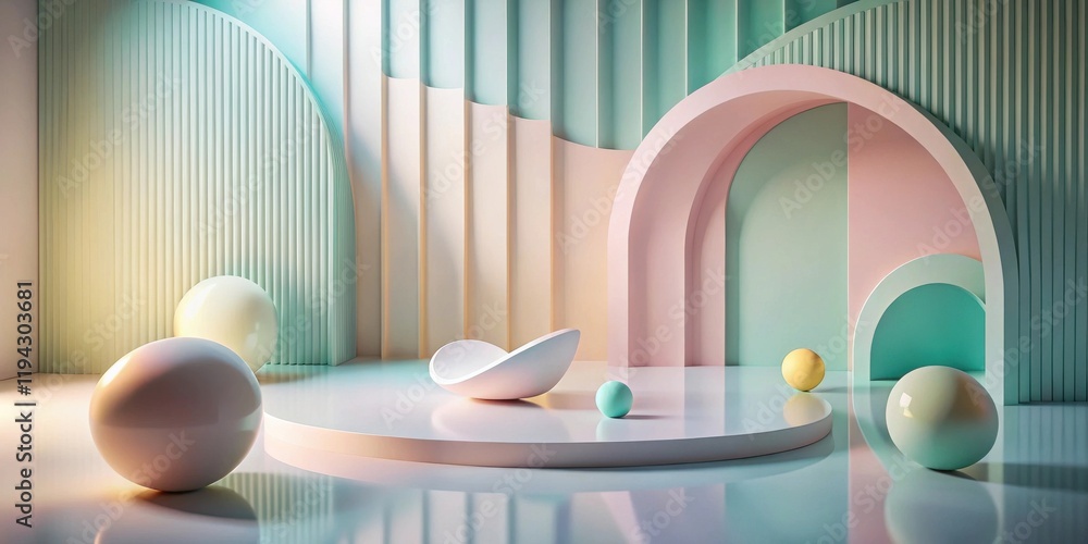 Fototapete pastel-hued abstract architectural scene with geometric forms and smooth spheres on a platform