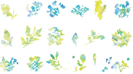 水彩画。水彩タッチの草木と花の新緑フレームパーツ。植物のベクターイラスト。Watercolor. Fresh green frame parts of grass, trees and flowers with watercolor touch. Vector illustration of plants.