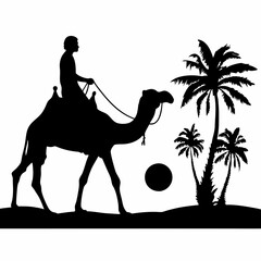 A man is riding a camel in the desert. The camel is carrying a man on its back
