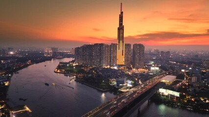 Ho Chi Minh City Skyline, Drone Footage of Landmark 81.
architectural marvel of Landmark 81, Ho Chi Minh City's iconic skyscraper, with this stunning 4K drone footage. Soar above the city skyline, cap