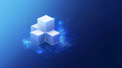Data Blocks Network:  Three interconnected white data blocks float above a futuristic circuit board, glowing softly against a deep blue background, symbolizing interconnectedness and data flow.  
