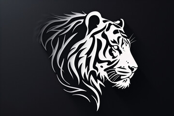 White Tiger Head Profile Black Background Tribal Style Illustration