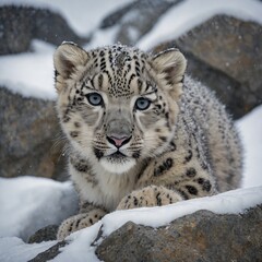 Fototapeta premium A young snow leopard cub peeking from behind a snowy boulder, its curious eyes wide open.