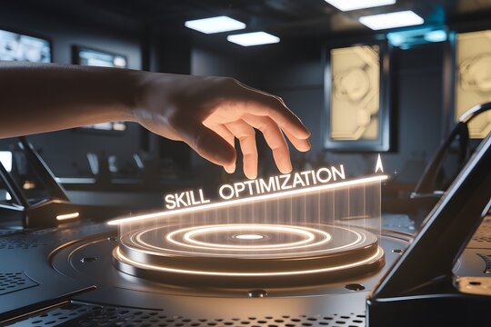 Hyper-realistic artistic concepts showcasing holographic interfaces, dynamic skill enhancement visuals, and futuristic workspaces for self-improvement and innovation