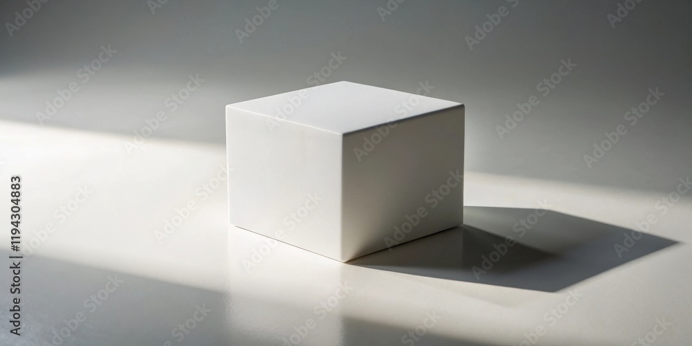Aufkleber a simple white cube illuminated by sunlight casts a dramatic shadow on a minimalist surface