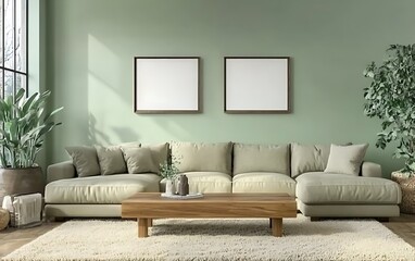 Sage green living room, sectional sofa, coffee table, plants, sunlight, interior design, home decor