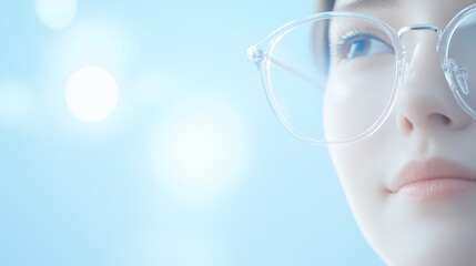 Visionary Gaze: A young woman with piercing blue eyes, wearing stylish clear-frame glasses, gazes into the distance with a thoughtful expression, radiating a sense of ambition and determination.