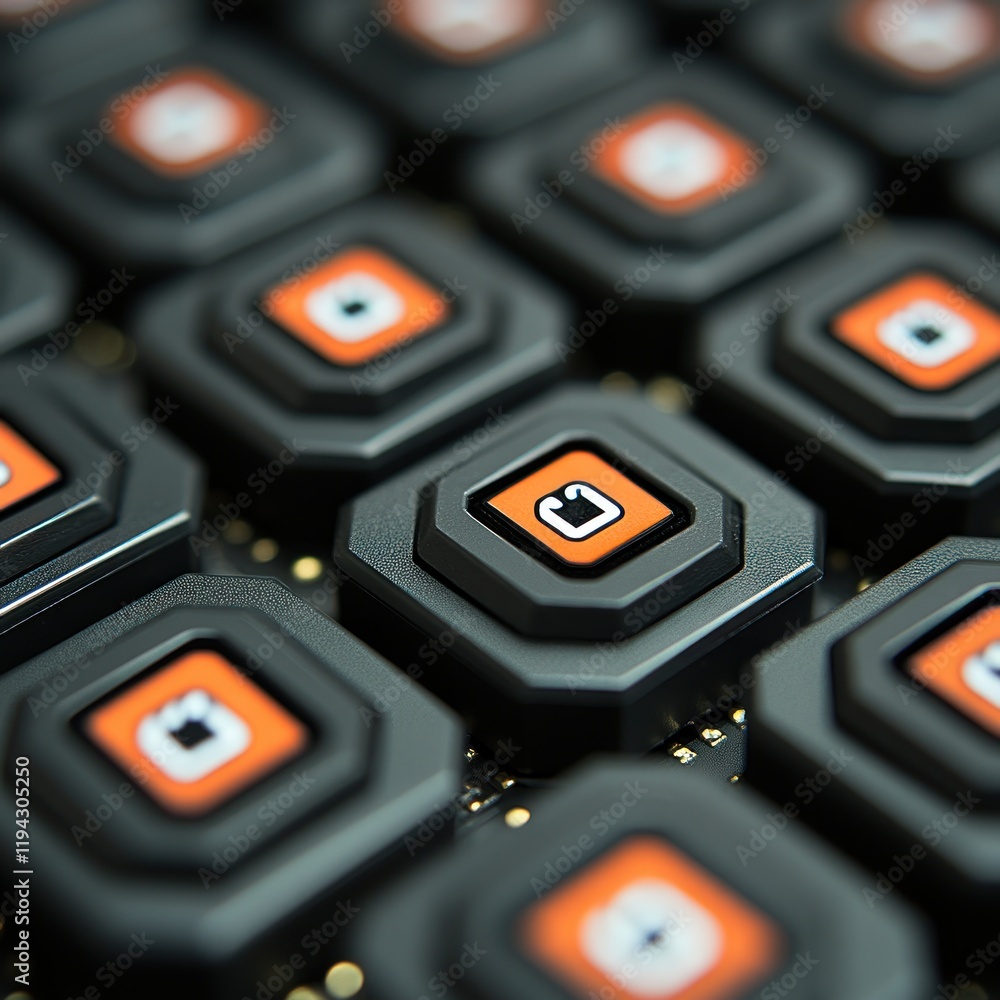 Poster close-up of hexagonal buttons with orange symbols on a dark surface