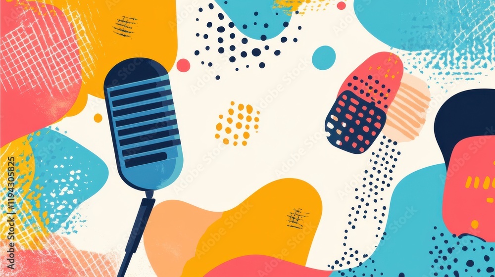 Poster colorful abstract background featuring a retro microphone surrounded by vibrant shapes and patterns 