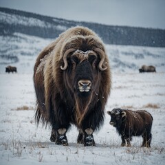 A musk ox calf standing close to its mother in a snowy field, their thick coats protecting them from the cold.

