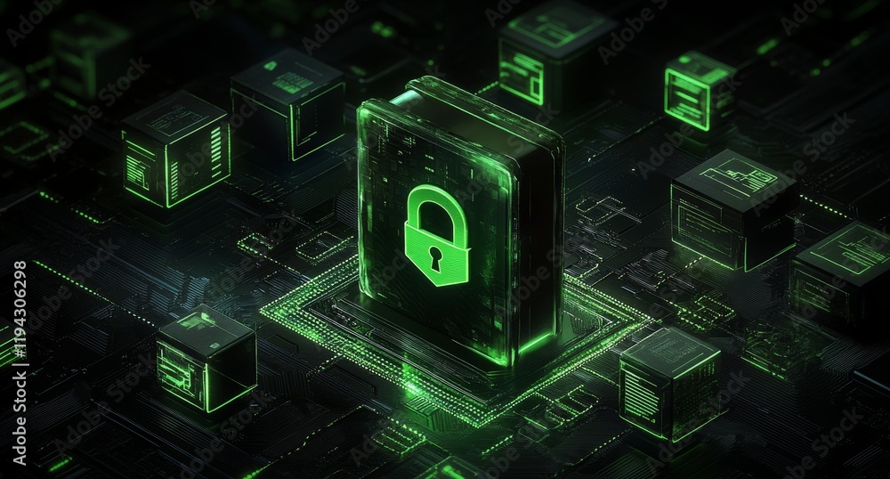 Poster digital circuit board with green lock symbol representing cybersecurity and data protection in today