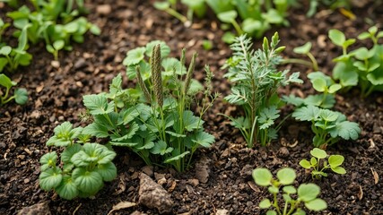 Vibrant intercropping of herbs and vegetables in permaculture garden, natural, balance