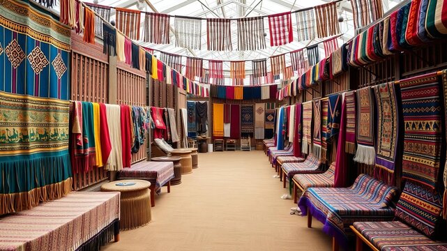 Vibrant display of traditional textiles at Loomis Day celebration with intricate weaving and cultural heritage, cultural, artistic