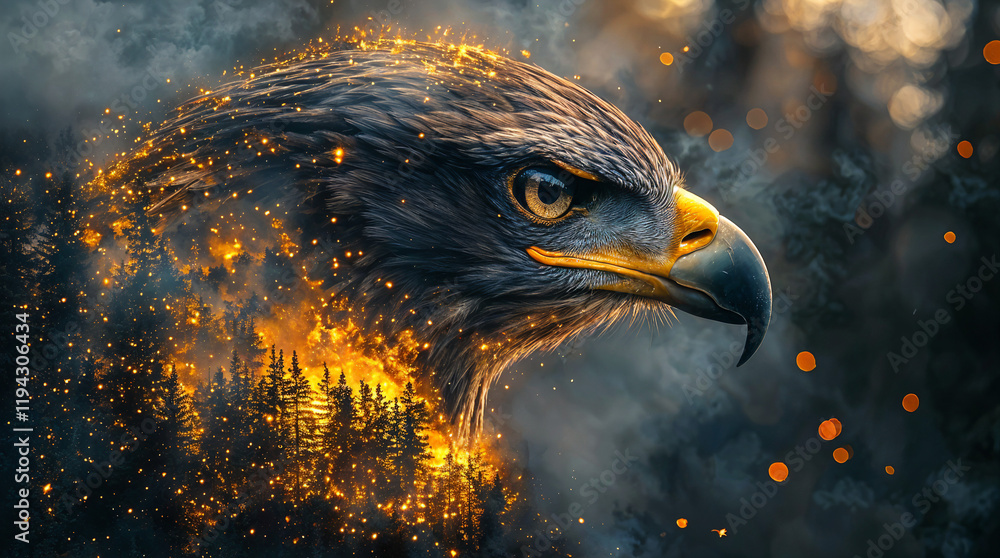 Poster double exposure eagle in the elements of forest fires . generative ai