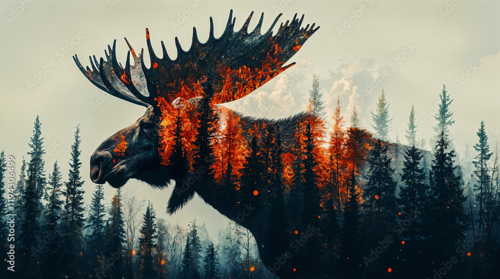 Aufkleber double exposure moose in the elements of forest fires . generative ai