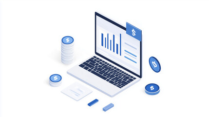Financial Data Analysis: Isometric illustration of a laptop displaying financial charts and graphs, surrounded by stacks of coins and financial documents, symbolizing data analysis.