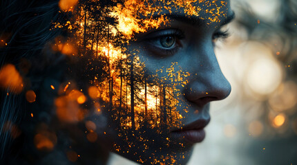 double exposure human in the elements of forest fires . Generative AI