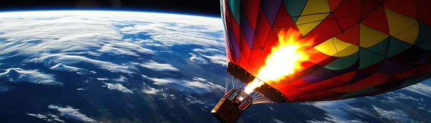 Obraz premium Hot air balloon ascends, Earth below, cloudscape background; travel, adventure