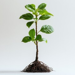 A Young Sapling with Visible Roots Against a White Background