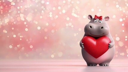A cute cartoon hippo holding a large red heart, set against a soft, sparkly pink background, conveying love and affection.