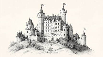 Obraz premium Intricate illustration of a medieval castle on a hill