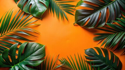 Vibrant tropical foliage arranged on a bright orange background, creating a lively and summery frame for text or design elements