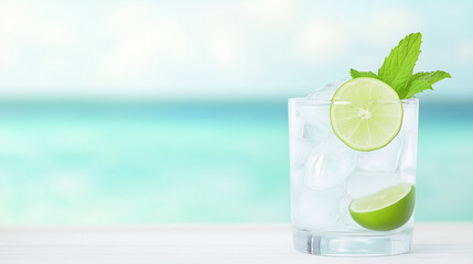 Refreshing Lime Drink by the Ocean: A crystal-clear glass filled with ice, lime wedges, and fresh mint sits on a table with a blurred ocean backdrop. The image evokes feelings of relaxation.