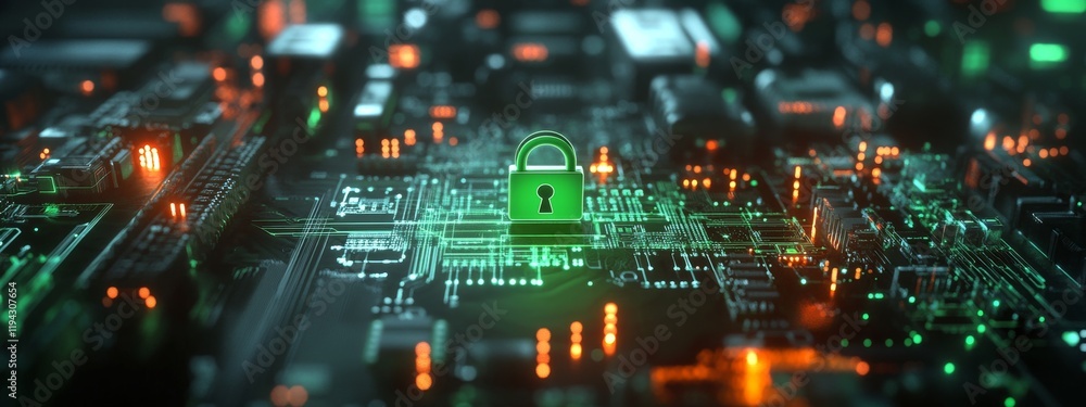 Poster digital circuit board with green lock symbol representing cybersecurity and data protection in today