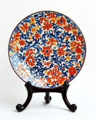 A beautifully crafted decorative plate showcasing vibrant floral patterns. The intricate design features orange and blue hues. Perfect for art lovers and collectors. Generative AI