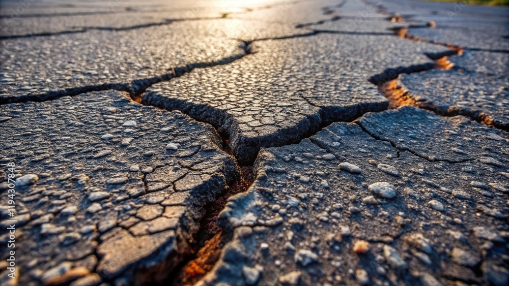 Poster close-up view of cracked asphalt surface with embedded stones, showing texture and detail under sunl