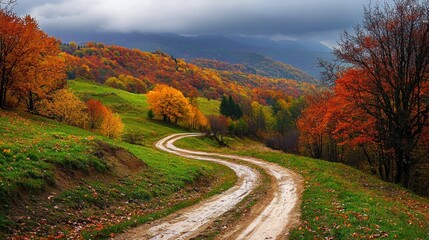 Naklejka premium Autumnal Winding Road Through Colorful Hills