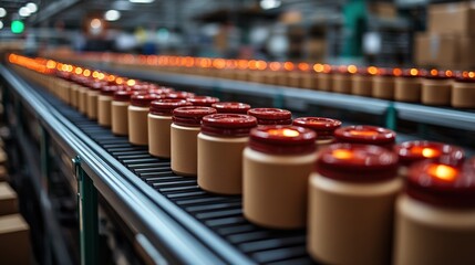 Fototapeta premium A Close-Up View of a Factory Assembly Line with Jars Tightly Aligned on Conveyor Belt, Exposing Production Process in a Modern Manufacturing Facility