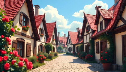 Charming Village Street with Red Roses
