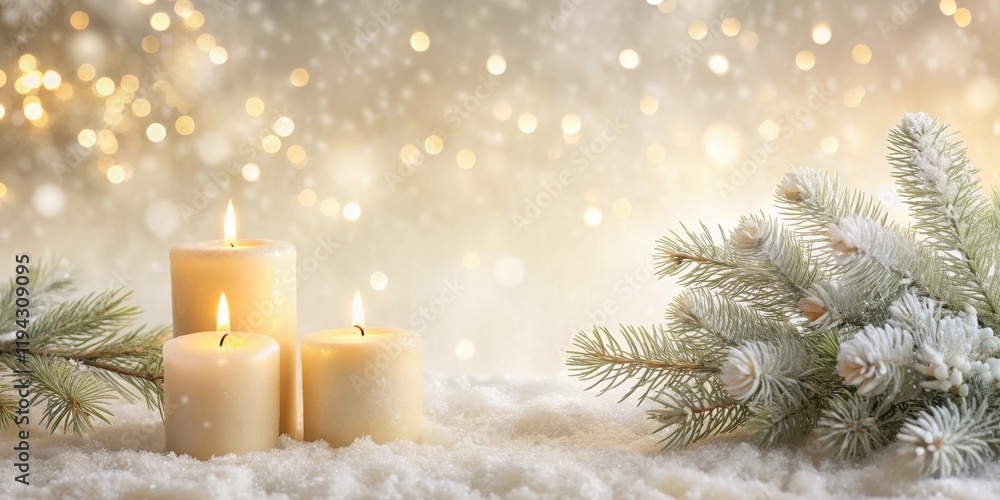 Poster serene winter scene with illuminated candles and snow-covered evergreen branches, creating a festive