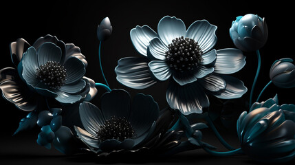 Set of black flowers on isolated background black flowers ornament on dark background gothic style

