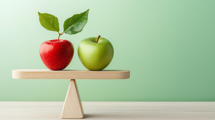 Balanced Choices: A red and a green apple rest on a wooden seesaw, representing a decision or a balance between two options. The soft green background enhances the image’s serene message.