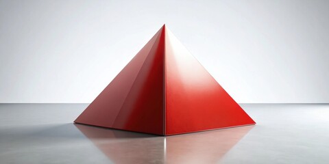 A vibrant red geometric pyramid, perfectly rendered, rests on a polished surface against a minimalist backdrop