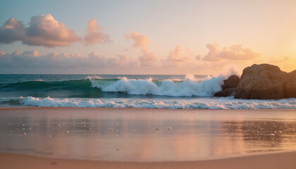 Obraz premium Waves crashing on sandy beach during sunset