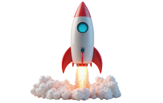3D Rocket Launching Isolated on Transparent PNG Background, The Concept of Business Startup and Growth.