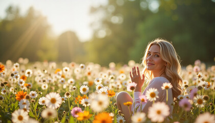 Smiling woman enjoying a sunny day in a flower field