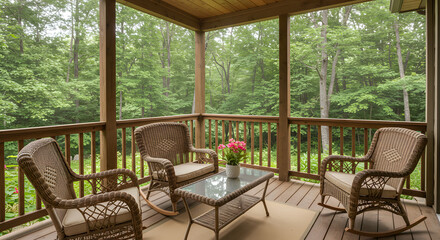 Fototapeta premium An elegant screened porch, equipped with outdoor furniture, showcases a beautiful panorama of the lively summer woods.