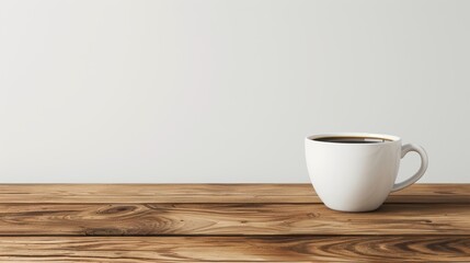 White coffee cup on a wooden table against a plain background.