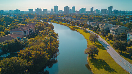 Urban waterfront view showcasing greenery and city skyline in a sunny afternoon