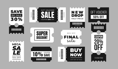 Set of discount coupon templates with sale text. Concept voucher for special offer, new drop, promotion, announcement, advertising, online shopping. Black, white colors. Vector illustration