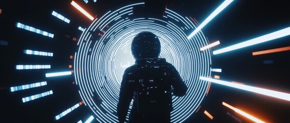 Exploring a neon tunnel with vibrant lights and an astronaut figure during a futuristic journey