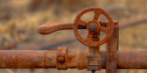 Close-up of a gas pipeline valve with a blurred industrial background. Facilities, Industrial Equipment, Transmission, Sustainable Development, Environmental Protection, Global Energy Supply Chain