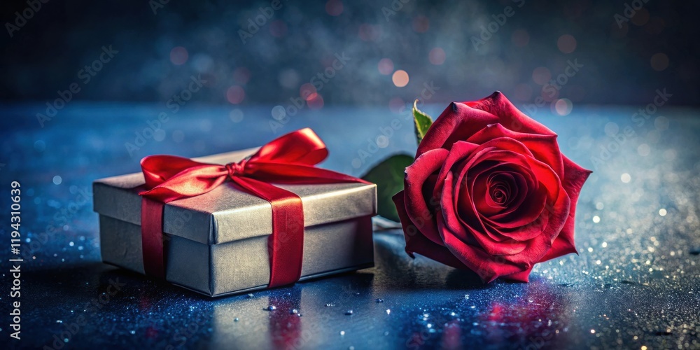 Poster romantic gift presentation a silver box with a red ribbon and a single red rose on a sparkling surfa