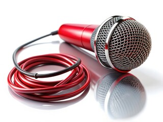 Studio-isolated red condenser microphone, professional XLR broadcast audio equipment.