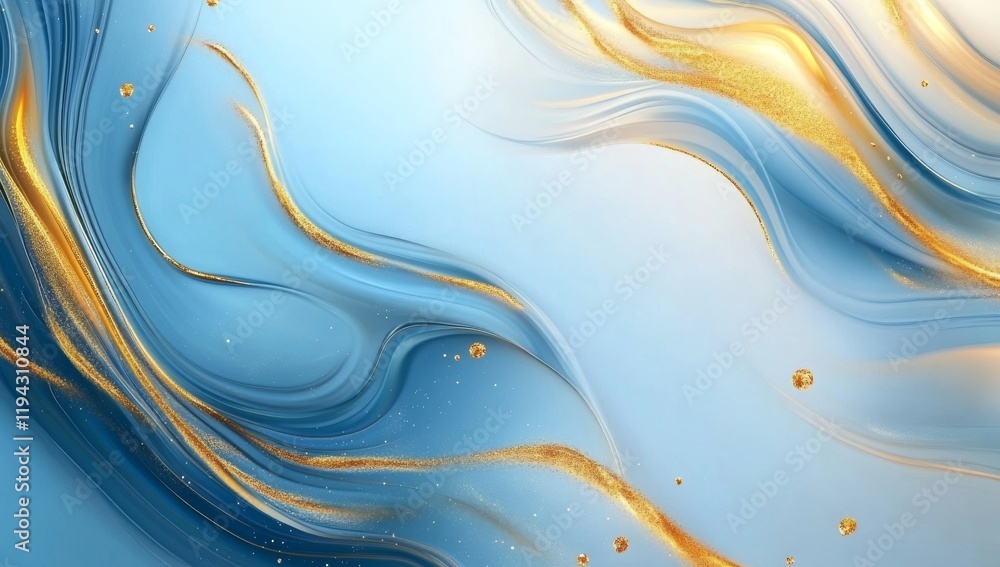 Poster beautiful blue and gold abstract fluid art design with smooth flowing patterns and shimmering detail
